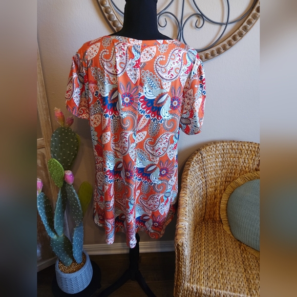 Enmain Paisley Print V-Neck Top - Orange and Blue - Picture 6 of 10
